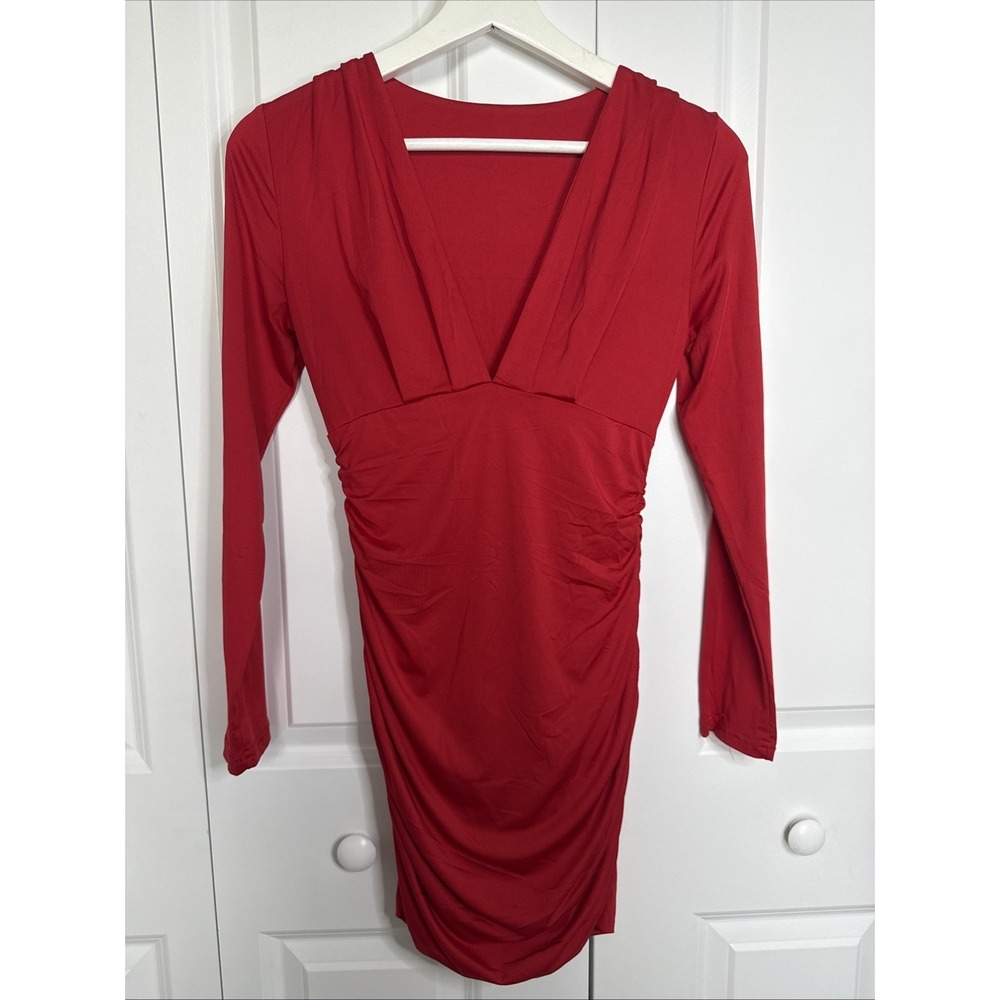 Red Sexy Dress Size S‎ Short Longsleeve Ruched Deep V-Neck Party